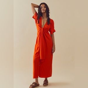 Free People Vintage Summer Midi Dress in Tangerine Tango (bright red/orange)